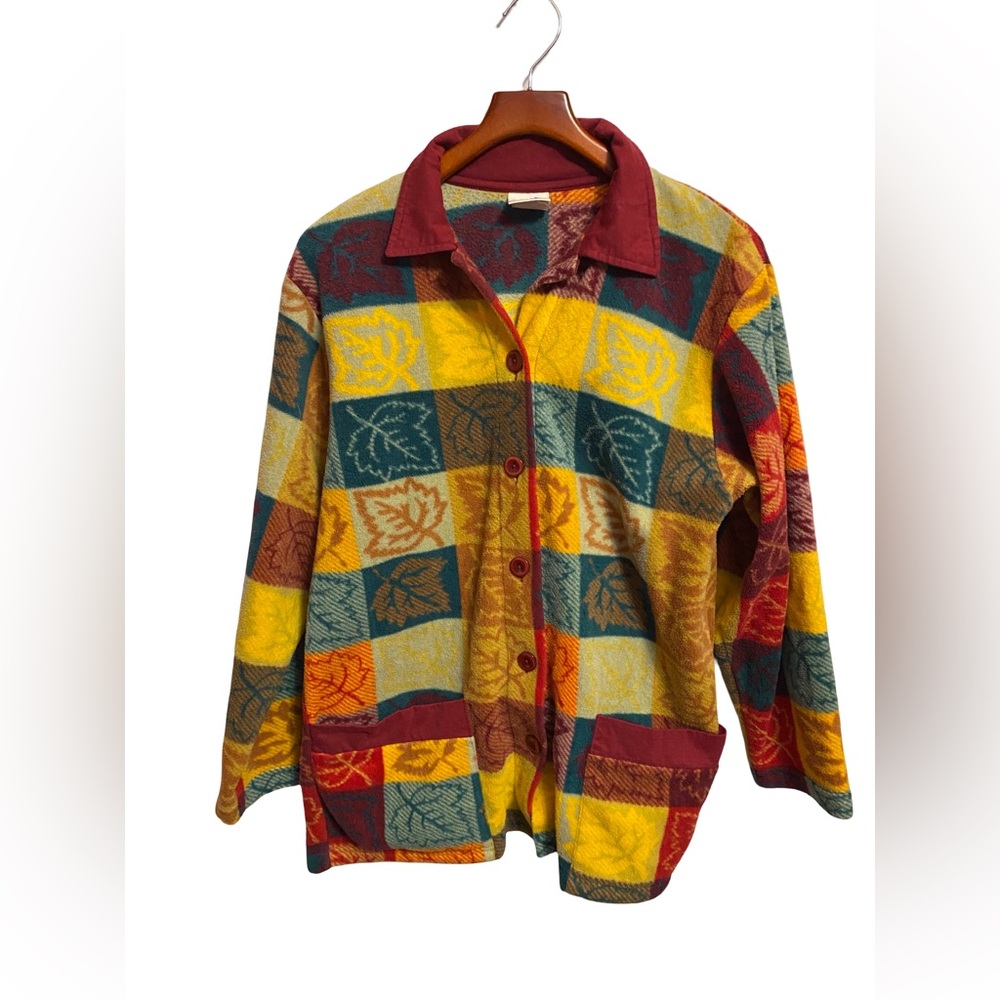 Vintage Cityscape Button Front Fleece Jacket Women's XL Colorblock Leaves Print